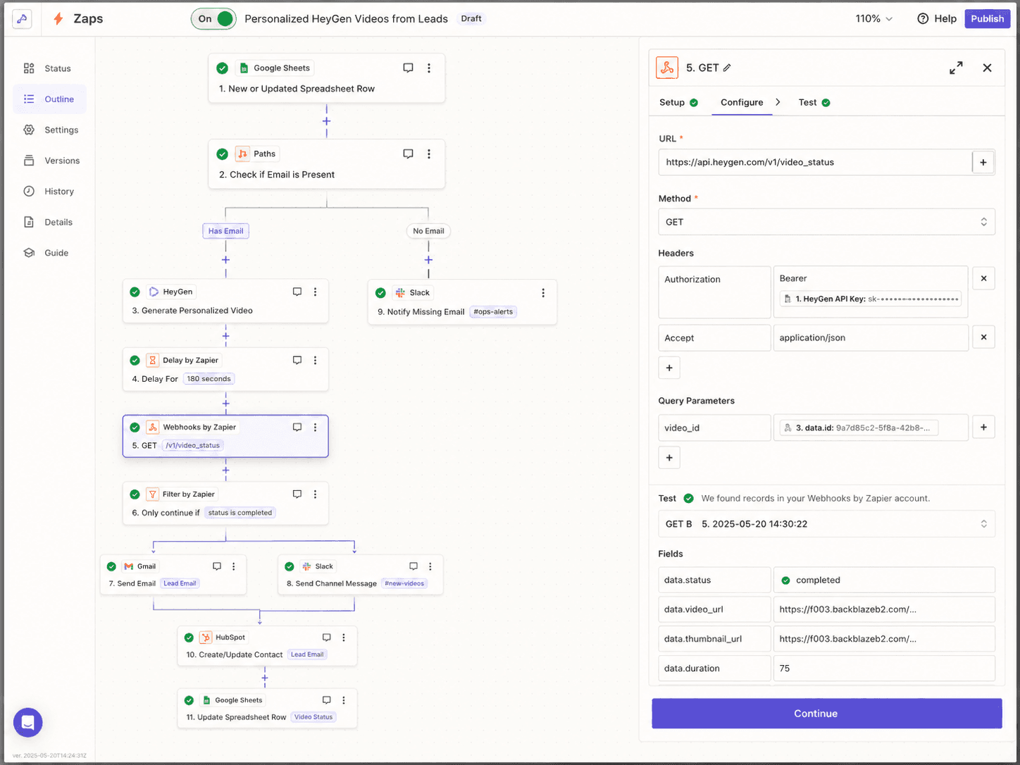 A Zapier automation chain linking a business trigger to an AI-video action and downstream task